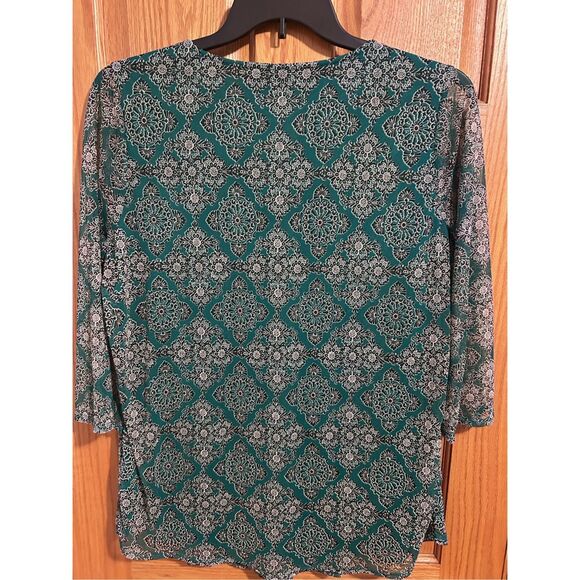 Kim Rogers Curvy Size 1X Teal Tiered Sheer Ruffles & Sleeves Lined V-Neck Blouse - Picture 5 of 11